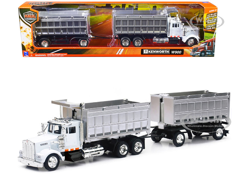 Kenworth W900 Dump Truck with Twin Dump Body White and Chrome Long Haul Trucker Series 1/43 Diecast Model New Ray 15223B