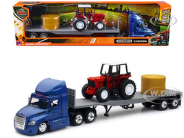 Freightliner Cascadia with Flatbed Trailer Blue with Farm Tractor Red and Hay Bales Long Haul Trucker Series 1/43 Diecast Model New Ray 16083