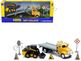 Peterbilt Roll Off Flatbed Truck Yellow and New Holland L228 Skid Steer Yellow with Road Signs New Holland Construction Series 1/43 Diecast Model New Ray 16173