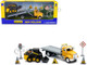 Peterbilt Roll Off Flatbed Truck Yellow and New Holland L228 Skid Steer Yellow with Road Signs New Holland Construction Series 1/43 Diecast Model New Ray 16173