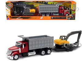 International Lonestar Dump Truck Red and Tracked Excavator Yellow with Flatbed Trailer Long Haul Truckers Series 1/43 Diecast Model New Ray 16623