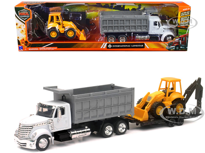 International Lonestar Dump Truck White and Wheel Loader Yellow with Flatbed Trailer Long Haul Truckers Series 1/43 Diecast Model New Ray 16633A