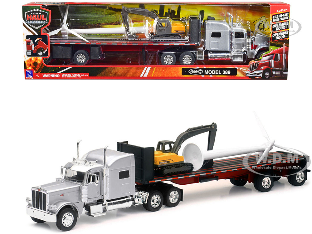 Peterbilt 389 Truck with Flatbed Trailer Silver Metallic with Excavator and  Wind Turbine Long Haul Truckers
