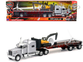 Peterbilt 389 Truck with Flatbed Trailer Silver Metallic with Excavator and Wind Turbine Long Haul Truckers Series 1/32 Diecast Model New Ray SS-10333B