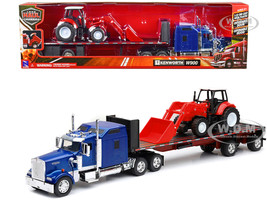 Kenworth W900 Truck with Flatbed Trailer Blue Metallic with Farm Tractor Red Long Haul Truckers Series 1/32 Diecast Model New Ray SS-10373A