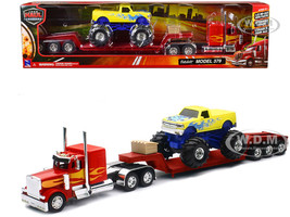 Peterbilt 379 Truck with Lowboy Trailer Red with Orange Flames and Monster Truck Yellow with Blue Flames Long Haul Truckers Series 1/32 Diecast Model New Ray SS-11263A