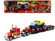 Peterbilt 379 Truck with Lowboy Trailer Red with Orange Flames and Monster Truck Yellow with Blue Flames Long Haul Truckers Series 1/32 Diecast Model New Ray SS-11263A