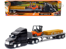 Peterbilt 387 Truck with Flatbed Trailer Black with Forklift and Hay Bales Long Haul Trucker Series 1/43 Diecast Model New Ray SS-15123J