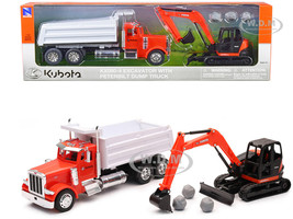 Peterbilt Dump Truck Orange and White and Kubota KX080 4 Excavator Orange and Black with Rocks 1/32 Diecast Model New Ray SS-33383A