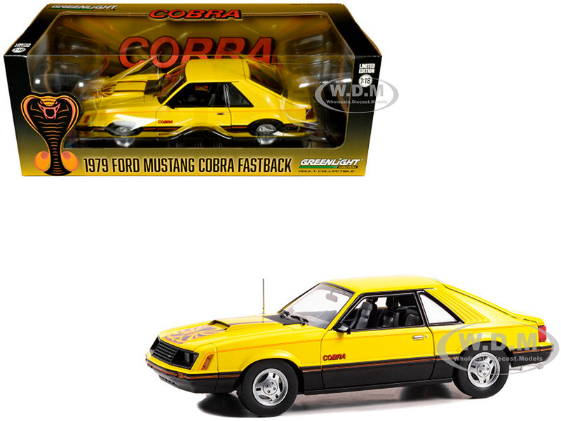 1979 Ford Mustang Cobra Fastback Bright Yellow with Black and Red Cobra Hood Graphics 1/18 Diecast Model Car Greenlight 13678