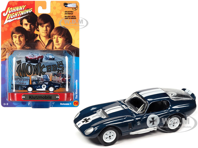 Shelby Cobra Daytona Klutzmobile Blue Metallic with White Stripes The Monkees with Collectible Tin Display Silver Screen Machines Series 1/64 Diecast Model Car Johnny Lightning JLDR018-JLSP334