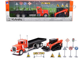 Peterbilt 379 Flatbed Truck Orange and Kubota SVL 95 2S Track Loader with Street Signs 1/32 Diecast Models New Ray SS-34023
