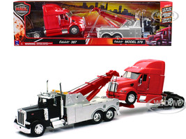 Peterbilt 379 Tow Truck Black with Peterbilt 387 Truck Tractor Red Set of 2 pieces 1/32 Diecast Model New Ray SS-12053A