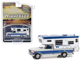 1992 Ford F 250 Long Bed Pickup Truck with Winnebago Slide In Camper Silver Metallic and Bright Regatta Blue Hobby Exclusive Series 1/64 Diecast Model Car Greenlight 30448