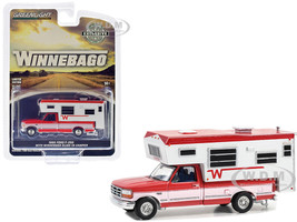 1995 Ford F 250 Long Bed Pickup Truck with Winnebago Slide In Camper Bright Red and Oxford White Hobby Exclusive Series 1/64 Diecast Model Car Greenlight 30449