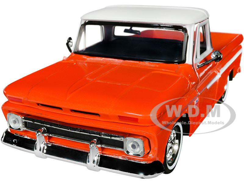 1966 Chevrolet C10 Fleetside Pickup Truck Lowrider Orange Metallic with White Top Get Low Series 1/24 Diecast Model Car Motormax 79034COP