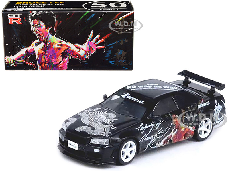 Nissan Skyline GT R R34 RHD Right Hand Drive Black Bruce Lee Legacy 50 Year Anniversary 1/64 Diecast Model Car Inno Models IN64-R34-BRUCELEE
