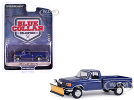 1991 Ford F 250 XL 4X4 Pickup Truck with Snow Plow Deep Shadow Blue Metallic Blue Collar Collection Series 13 1/64 Diecast Model Car Greenlight 35280E