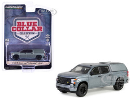 2023 Chevrolet Silverado 1500 Pickup Truck with Camper Shell Sterling Gray Metallic Blue Collar Collection Series 13 1/64 Diecast Model Car Greenlight 35280F