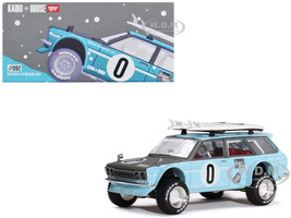 Datsun Kaido 510 Wagon 4x4 RHD Right Hand Drive Light Blue with Carbon Hood with Surfboards on Roof Winter Holiday Edition Designed by Jun Imai Kaido House Special 1/64 Diecast Model Car True Scale Miniatures KHMG092