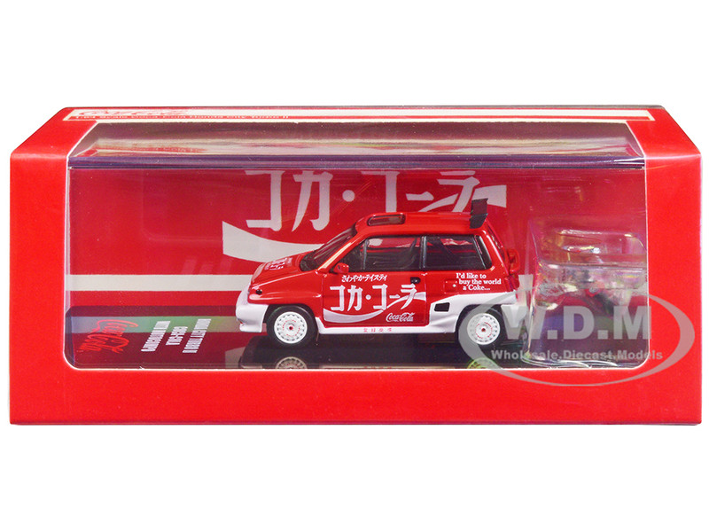 Honda City Turbo II RHD Right Hand Drive Red and White Coca Cola with Honda Motocompo Scooter 1/64 Diecast Model Car Inno Models COKE058