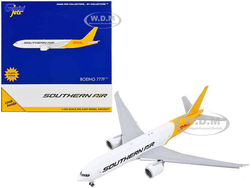 Boeing 777F Commercial Aircraft with Flaps Down Southern Air DHL White and Yellow 1/400 Diecast Model Airplane GeminiJets GJ2014F