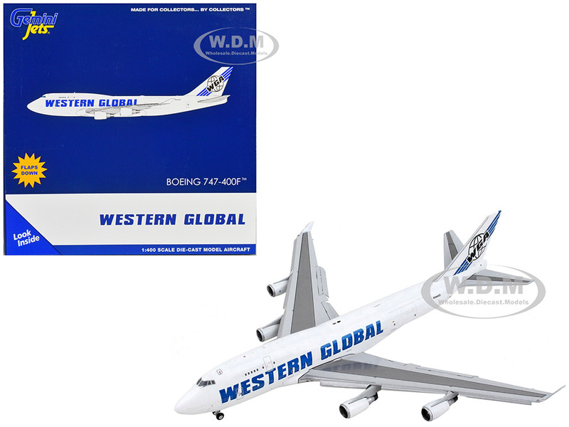 Boeing 747 400F Commercial Aircraft with Flaps Down Western Global White with Blue Tail Stripes 1/400 Diecast Model Airplane GeminiJets GJ2015F