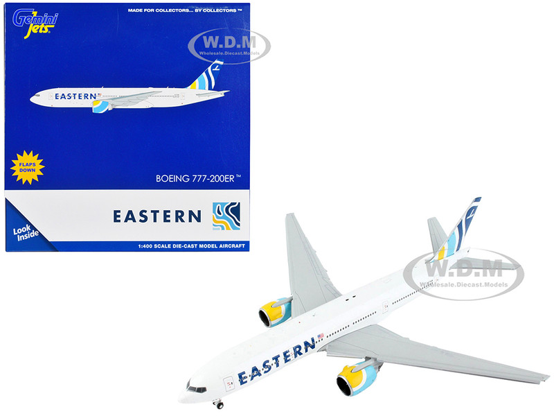 Boeing 777 200ER Commercial Aircraft with Flaps Down Eastern Air Lines White with Striped Tail 1/400 Diecast Model Airplane GeminiJets GJ2059F