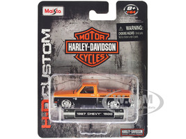 1987 Chevrolet 1500 Pickup Truck Orange Metallic and Black Harley Davidson H D Custom Series 1/64 Diecast Model Car Maisto 15380-23A