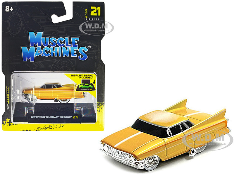 Gene Winfield s 1961 Cadillac Maybelline Yellow Metallic with White Stripes 1/64 Diecast Model Car Muscle Machines 15561YL