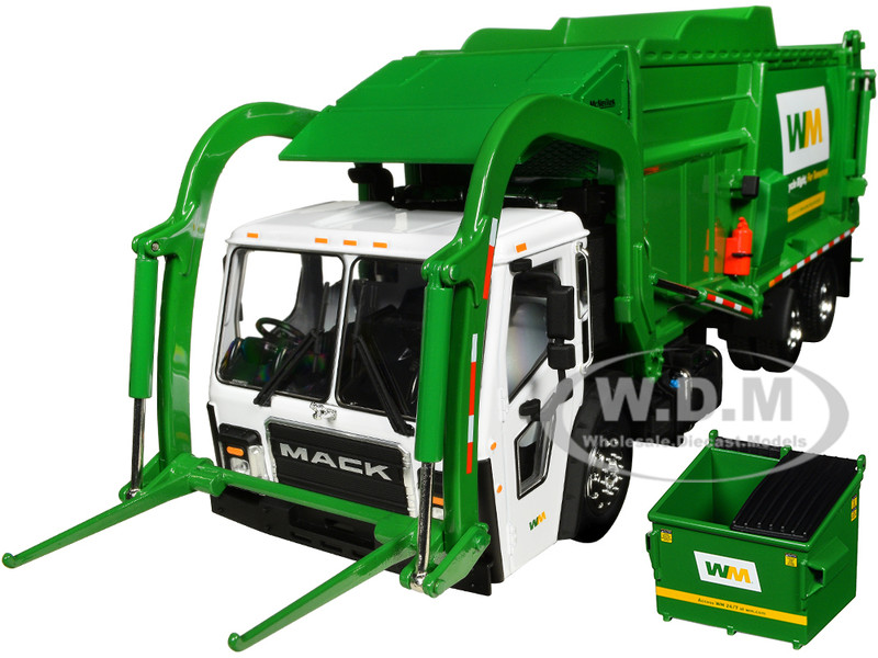 Mack LR Waste Management Refuse Garbage Truck with McNeilus Meridian Front Loader White and Green with Trash Bin 1/34 Diecast Model First Gear FG10-4292D