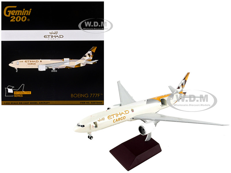 Boeing 777F Commercial Aircraft Etihad Airways Cargo Beige with Tail Graphics Gemini 200 Interactive Series 1/200 Diecast Model Airplane GeminiJets G2ETD955
