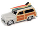 1950 Mercury Woody Wagon Dakota Gray with Wood Panels & Surfboards on Roof & 1959 Cadillac Ambulance Dull Red w/ Surfboards on Roof Cocoa Beach Rescue Patrol Surf Rods Set of 2 Cars 2 Packs 2023 Release 2 1/64 Diecast Model Cars Johnny Lightning JLPK022-JLSP343B