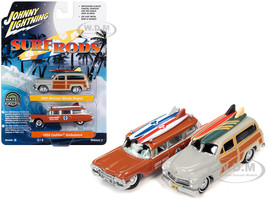 1950 Mercury Woody Wagon Dakota Gray with Wood Panels & Surfboards on Roof & 1959 Cadillac Ambulance Dull Red w/ Surfboards on Roof Cocoa Beach Rescue Patrol Surf Rods Set of 2 Cars 2 Packs 2023 Release 2 1/64 Diecast Model Cars Johnny Lightning JLPK022-JLSP343B