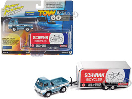 1965 Dodge A 100 Pickup Truck Blue Metallic and White with Enclosed Car Trailer Schwinn Bicycles Tow & Go Series Limited Edition to 3600 pieces Worldwide 1/64 Diecast Model Car Johnny Lightning JLBT018-JLSP351B