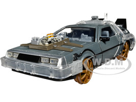 DeLorean Brushed Metal Time Machine Train Wheel Version with Lights Back to the Future Part III 1990 Movie Hollywood Rides Series 1/24 Diecast Model Car Jada 34996