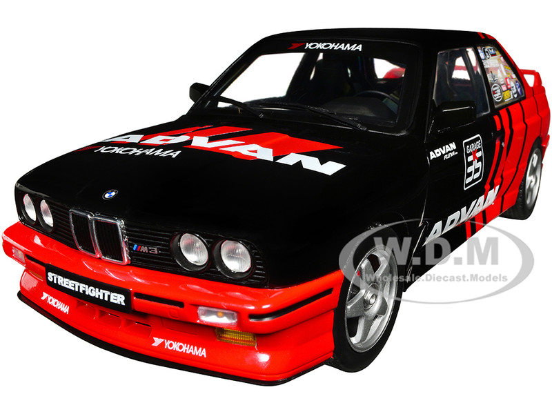 1990 BMW E30 M3 Black and Red with Graphics ADVAN Drift Team Competition Series 1/18 Diecast Model Car by Solido S1801521