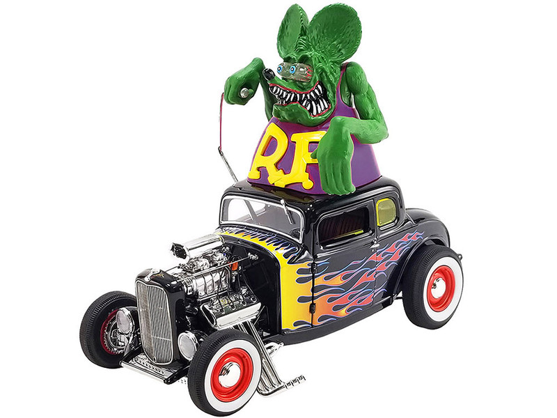 1932 Ford Blown 5 Window Coupe Black with Flames and Rat Fink Figure Limited Edition to 522 pieces Worldwide 1/18 Diecast Model Car ACME A1805022