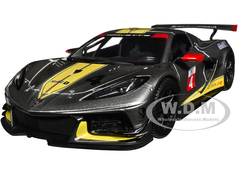 2020 Chevrolet Corvette C8 R #4 Silver Metallic with Yellow Stripes Race Series 1/24 Diecast Model Car Bburago 28024