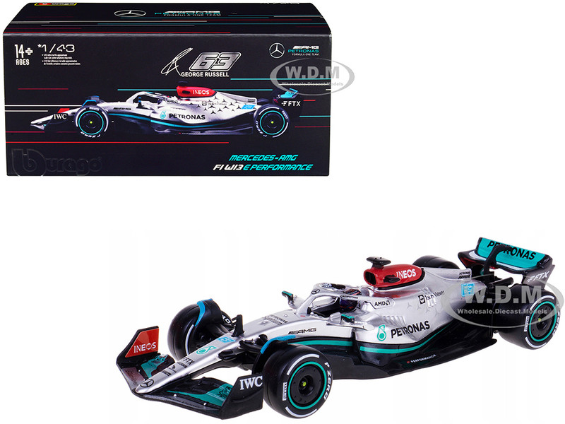 Mercedes AMG F1 W13 E Performance #63 George Russell F1 Formula One World Championship 2022 with Display Case 1/43 Diecast Model Car Bburago 38066GR