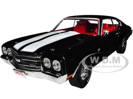 1970 Chevrolet Chevelle SS Tuxedo Black with White Stripes and Red Interior Hemmings Muscle Machines Magazine Cover Car May 2011 American Muscle Series 1/18 Diecast Model Car Auto World AMM1317