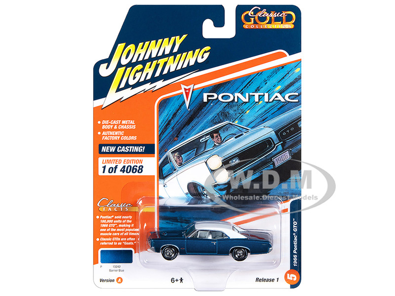 1966 Pontiac GTO Barrier Blue Metallic with White Top and White Interior Classic Gold Collection 2023 Release 1 Limited Edition to 4068 pieces Worldwide 1/64 Diecast Model Car Johnny Lightning JLCG031-JLSP325A