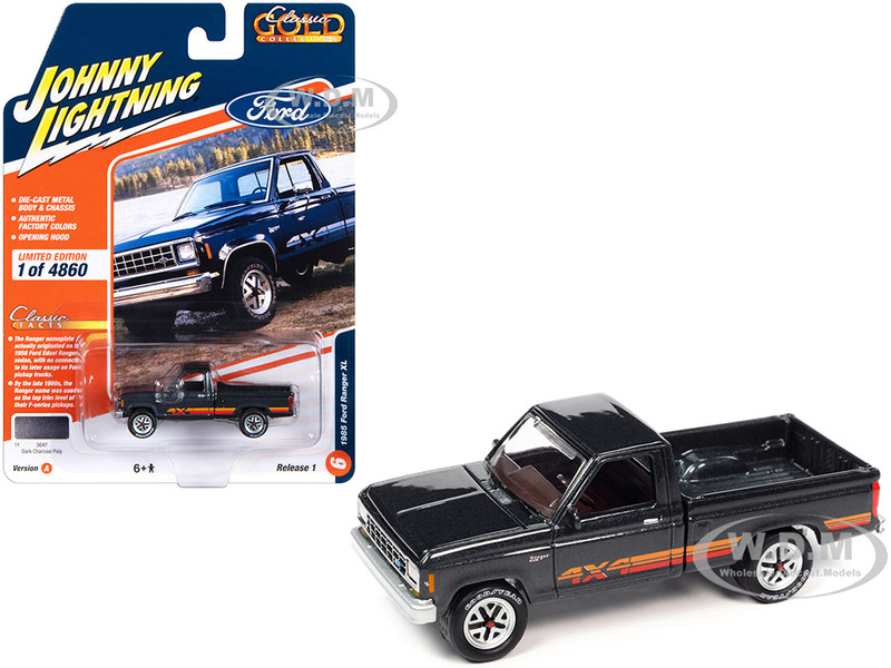 1985 Ford Ranger XL Pickup Truck Dark Charcoal Metallic with Stripes Classic Gold Collection 2023 Release 1 Limited Edition to 4860 pieces Worldwide 1/64 Diecast Model Car Johnny Lightning JLCG031-JLSP326A