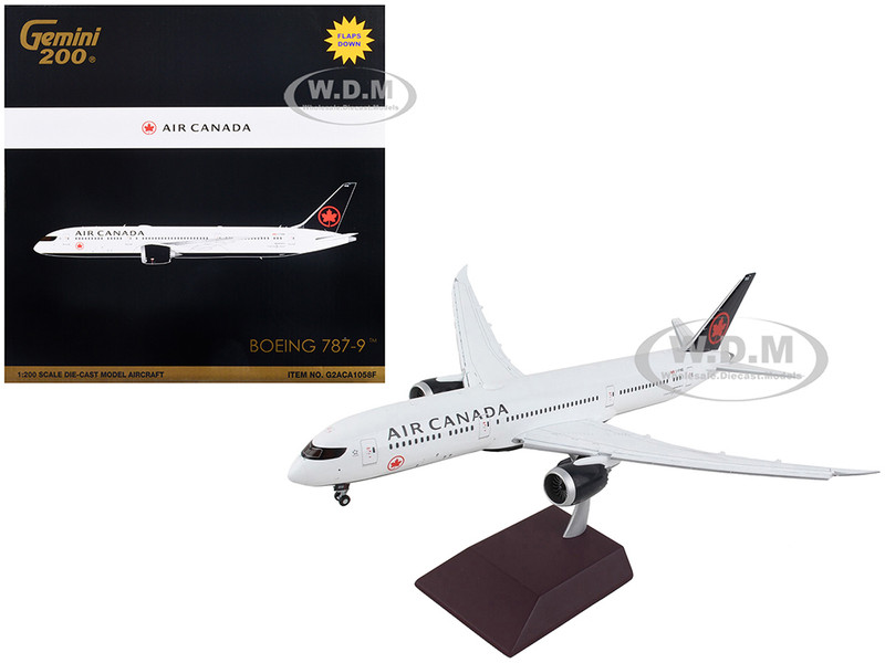 Boeing 787 9 Commercial Aircraft with Flaps Down Air Canada White with Black Tail Gemini 200 Series 1/200 Diecast Model Airplane GeminiJets G2ACA1058F