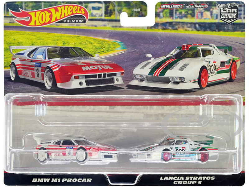 BMW M1 Procar #8 White with Red Stripes and Lancia Stratos Group 5 #829 White with Stripes Car Culture Set of 2 Cars Diecast Model Cars Hot Wheels HFF30