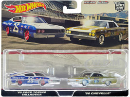 1969 Ford Torino Talladega #25 White and Blue with Red Top and 1966 Chevrolet Chevelle #86 Gold with White Top Car Culture Set of 2 Cars Diecast Model Cars Hot Wheels HFF31