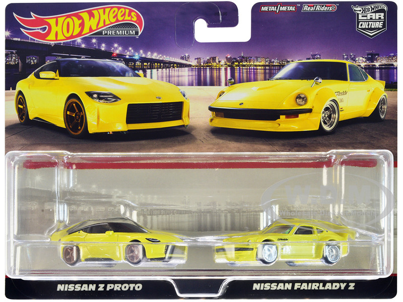 Nissan Z Proto Yellow with Black Top and Nissan Fairlady Z Yellow Car Culture Set of 2 Cars Diecast Model Cars Hot Wheels HFF33
