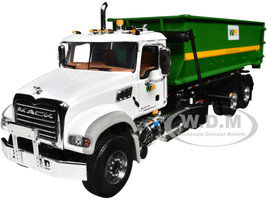 Mack Granite Garbage Truck Waste Management White and Green with Tub Style Roll Off Container 1/34 Diecast Model First Gear FG10-4050D