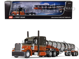 Peterbilt 379 with 63 Mid Roof Sleeper and Polar Deep Drop Tank Trailer Burnt Orange and Black 1/64 Diecast Model DCP/First Gear 60-1676
