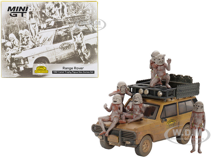 Range Rover with Roofrack Tan Dirty Version Camel Trophy Papua New Guinea Team USA 1982 with Papua New Guinea Asaro Mudmen 6 piece Figure Set 1/64 Diecast Model Car True Scale Miniatures MGTS0006